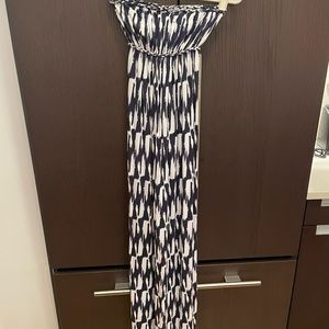 TART strapless long navy and white maxi dress with braided belt
